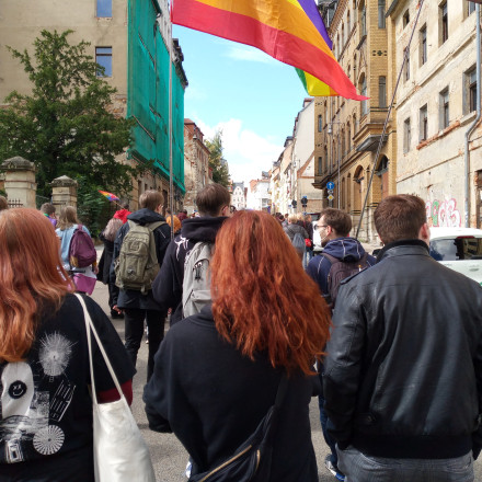 CSD in Altenburg, Menschen mit Regenbogenflaggen von hinten